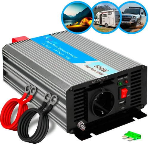 The image shows a silver and blue power inverter with a 600W capacity, featuring an AC outlet, USB port, and indicator lights. It includes red and black cables for connection and is suitable for outdoor and vehicle use, as depicted in the circular images above.