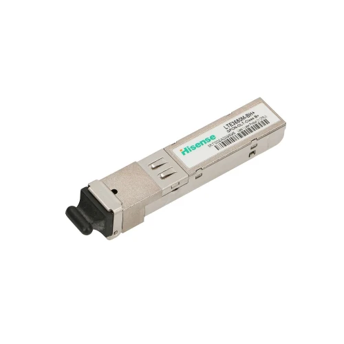 The image shows a compact, metallic SFP module designed for network connectivity, featuring a label with branding and specifications. The module has a rectangular shape with a black connector at one end.
