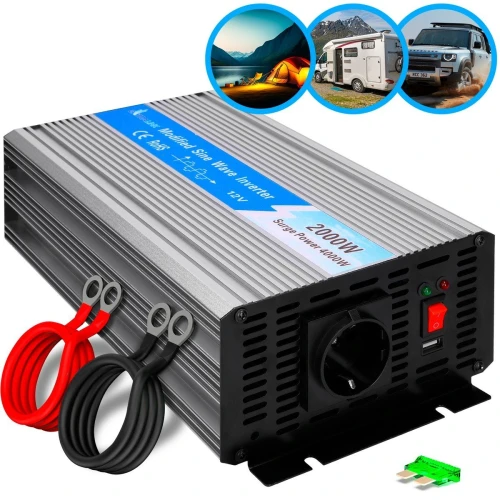 The image shows a silver power inverter with a blue label, featuring a 2000W capacity and multiple connection ports. It includes red and black cables, a power switch, and is suitable for outdoor and vehicle use, as depicted in the small circular images above.