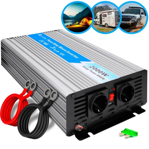The image shows a silver power inverter with dual outlets and a digital display, designed for converting DC to AC power. It includes red and black cables and a green fuse, suitable for outdoor and vehicle use.