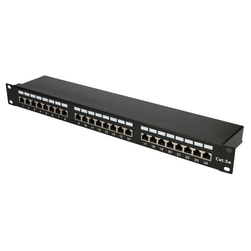 The image shows a black 24-port Cat 5e patch panel designed for network cable management. It features numbered ports for easy organization and installation in a standard rack mount setup.