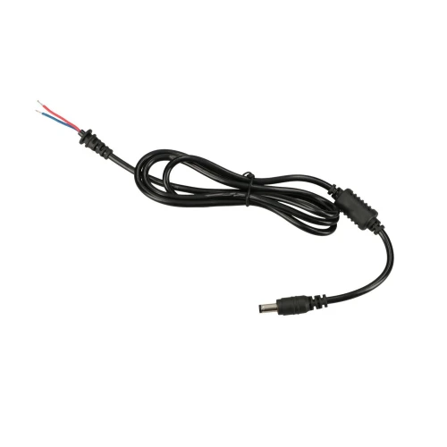 A black power cable with a cylindrical connector on one end and three exposed wires (red, blue, and black) on the other. The cable is coiled neatly with a ferrite bead for noise reduction.