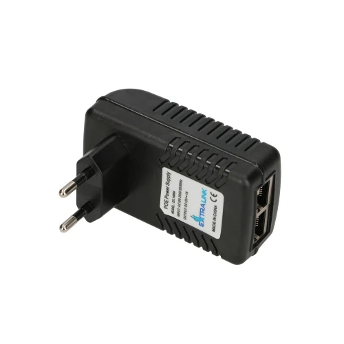 A black Extralink PoE power supply adapter with a European plug and two Ethernet ports. The compact design features ventilation grooves on the sides for efficient heat dissipation.