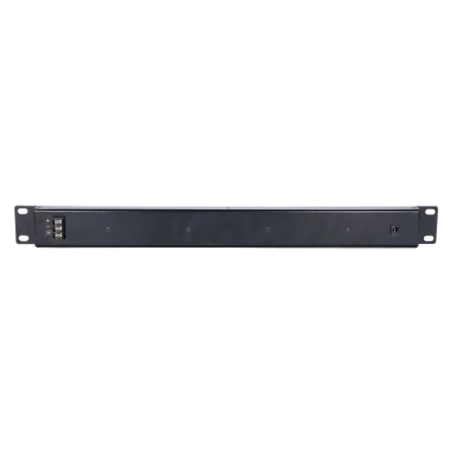 A black rack-mounted power distribution unit with multiple outlets and a power switch on the side. The unit is designed for efficient power management in server racks or network cabinets.