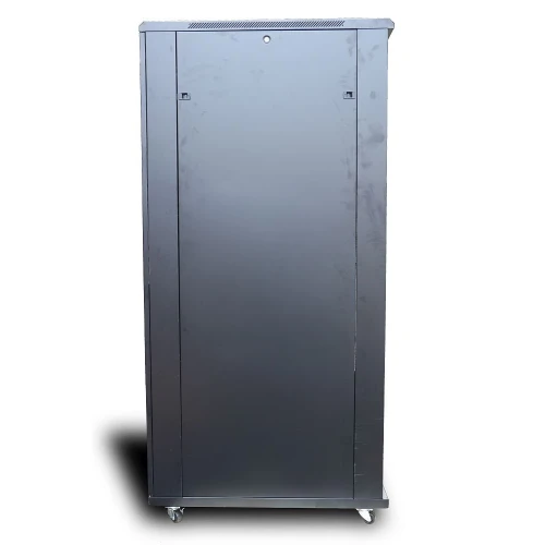 A tall, sleek black server rack cabinet with a smooth front panel and ventilation slots at the top. It is equipped with sturdy wheels for easy mobility.
