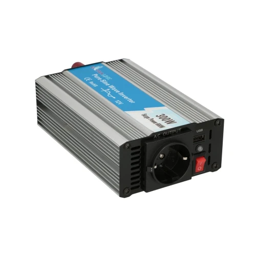 The image shows a compact silver and black power inverter with a blue label, featuring a single AC outlet and a USB port. It is designed for converting DC to AC power, suitable for various electronic devices.