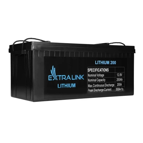 The image shows a black Extralink lithium battery with a nominal voltage of 12.8V and a capacity of 200Ah. The battery features specifications printed on the side, including maximum continuous discharge and peak discharge current.