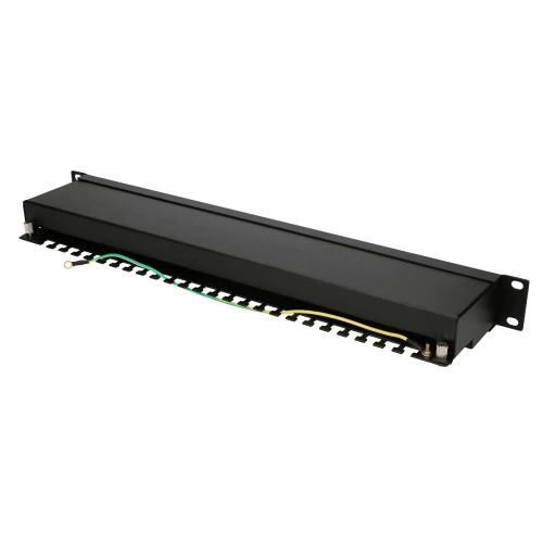 A black metal rackmount fiber optic splice tray with multiple cable entry points and a grounding wire. The tray is designed for organizing and protecting fiber optic cables in network installations.