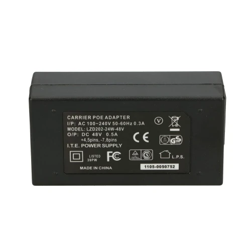 A black Carrier PoE adapter with input specifications of AC 100-240V and output of DC 48V 0.5A is shown. The adapter features various certification symbols and is labeled as made in China.