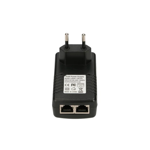 The image shows a black POE power supply adapter with two Ethernet ports and a European plug. The adapter features specifications and certification labels on its front surface.