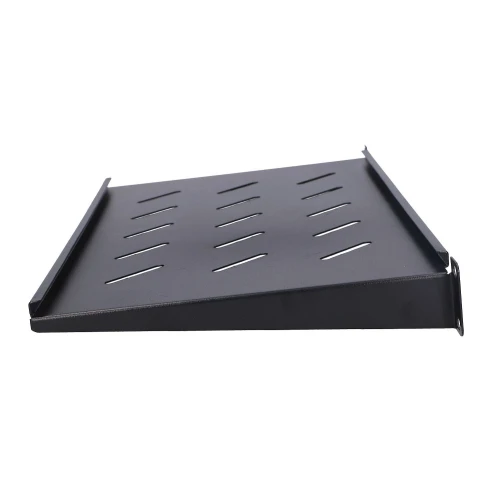 A black metal rack shelf with a slotted design for ventilation, suitable for organizing equipment in server cabinets. The shelf features raised edges for added security and stability of stored items.