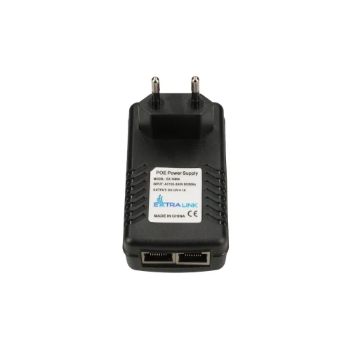 A black Extralink POE power supply adapter with dual Ethernet ports and a European plug. The label indicates input of AC 100-240V and output of DC12V 1A.