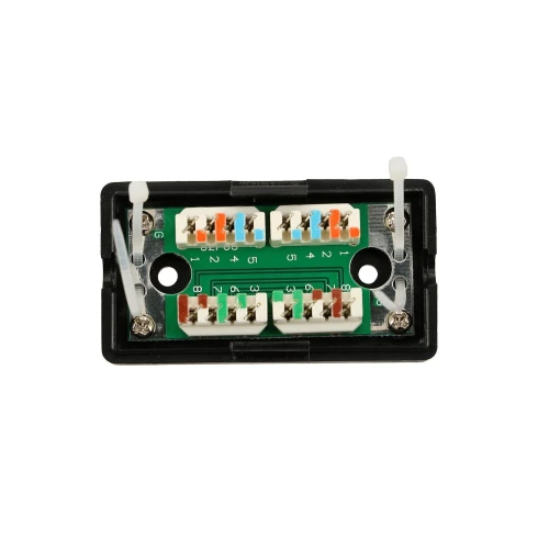 The image shows a rectangular network module with multiple colored wiring connections, designed for structured cabling systems. It features labeled ports for organized and efficient network setup.
