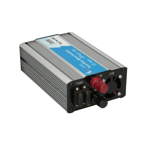 A compact, silver-colored power inverter with a blue label, featuring multiple input and output ports, including red and black terminals. The device is designed for converting DC to AC power, suitable for various electronic applications.