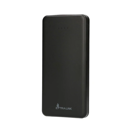A sleek black power bank with a minimalist design and four LED indicator lights on the front. The Extralink logo is subtly printed at the bottom, highlighting its brand identity.
