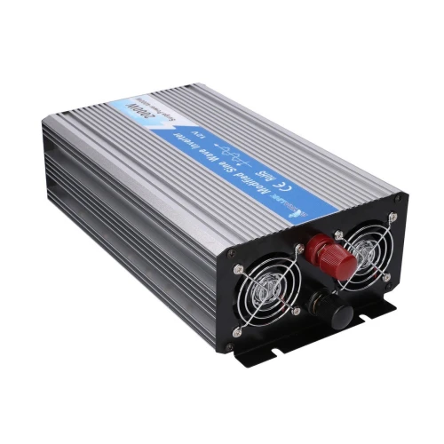 A silver and black power inverter with dual cooling fans and red and black terminal connectors. The device features a blue label indicating its specifications and is designed for converting DC to AC power.