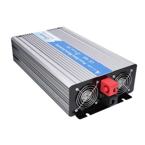 The image shows a silver and black power inverter with a blue label, featuring dual cooling fans and a red terminal connector. The device is designed for converting DC to AC power, suitable for various electronic applications.