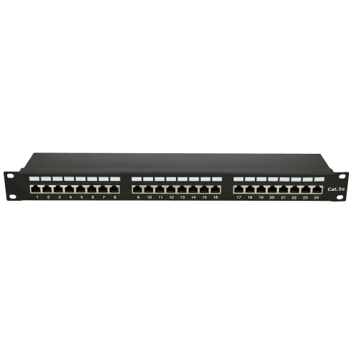A 24-port Cat 5e patch panel designed for network cable management, featuring numbered ports for easy identification. The panel is housed in a durable black metal frame suitable for rack mounting.