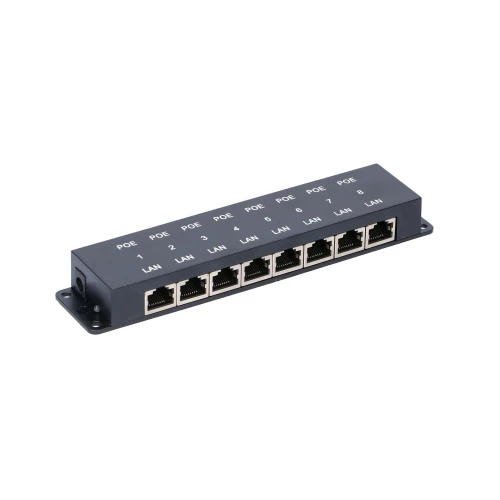 A black network switch with eight LAN ports and corresponding POE ports, labeled numerically from 1 to 8. The device is designed for efficient power over Ethernet distribution in network setups.