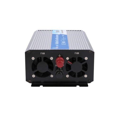 The image shows a compact, rectangular power inverter with a metallic casing and two cooling fans on one end. It features a red knob and several ports for connectivity, designed for efficient power conversion.