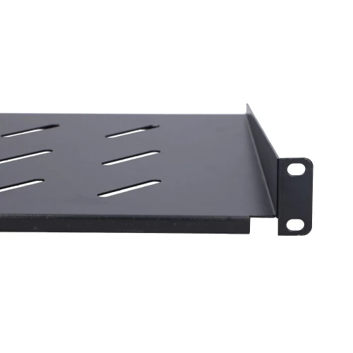 A black metal rack mount shelf with slotted ventilation holes designed for network equipment. The shelf features a sturdy construction with mounting brackets on the sides for secure installation in a server rack.