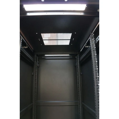 The image shows the interior of a black server rack cabinet with adjustable mounting rails and a perforated top panel for ventilation. The cabinet is designed for organizing and securing network equipment in a professional setting.