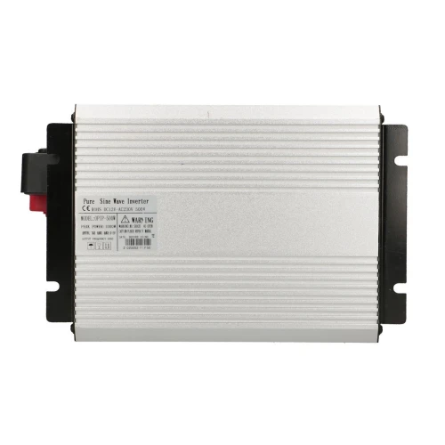 The image shows a silver pure sine wave inverter with a ribbed aluminum casing and black side panels. It features a label with technical specifications and a red and black terminal on the side.