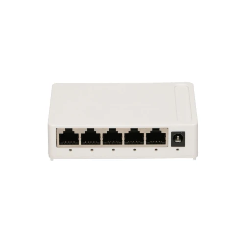 A compact white network switch featuring five Ethernet ports and a power input on the side. The design is minimalistic, suitable for efficient network connectivity in small office or home environments.