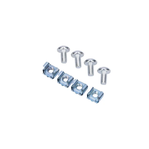 The image shows a set of five silver cage nuts and matching bolts, designed for secure mounting in server racks. Each component is made of durable metal, ensuring reliable performance and stability.