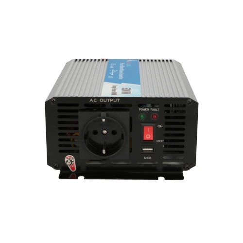 The image shows a power inverter with a robust metal casing, featuring an AC output socket, USB port, and power switch on the front panel. The device is designed for converting DC to AC power, suitable for various electronic applications.