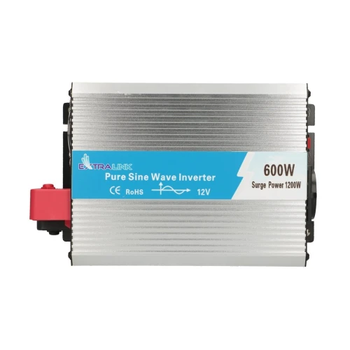 The image shows an Extralink pure sine wave inverter with a power capacity of 600W and surge power of 1200W. The inverter features a silver and blue design with clear labeling for easy identification.