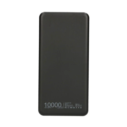 A sleek black power bank with a minimalist design and a capacity of 10,000mAh. The front features subtle branding and technical specifications in white text at the bottom.