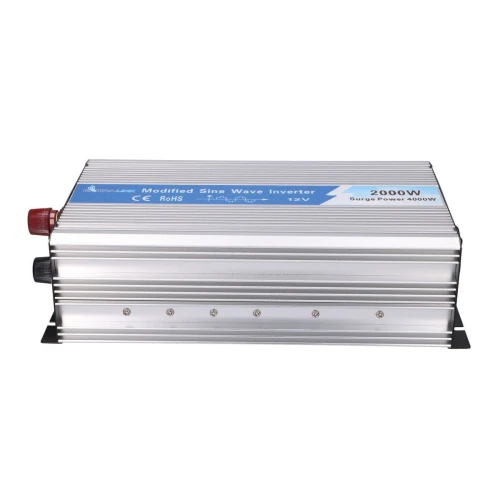 A silver modified sine wave inverter with a blue label, featuring a 2000W power capacity and surge power of 4000W. The device has a robust aluminum casing with red and black terminal connectors on one end.