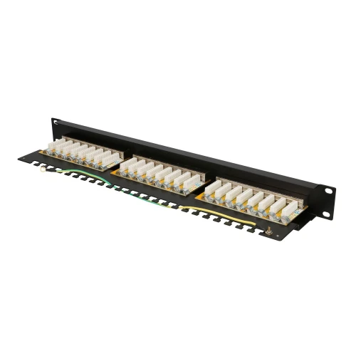 A black 19-inch rack-mounted patch panel with multiple rows of IDC terminals for network cable management. It features an integrated grounding wire for enhanced safety and reliability.