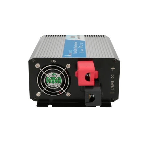 The image shows a power inverter with a metallic casing and a cooling fan on one end. It features a red and black terminal for DC input connections.