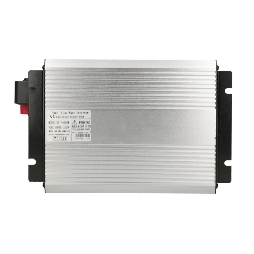 The image shows a silver Extralink pure sine wave inverter with a ribbed aluminum casing and black end caps. It features a label with technical specifications and safety warnings on the front panel.