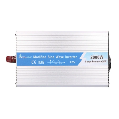 The image shows a silver Extralink modified sine wave inverter with a blue label indicating a power capacity of 2000W and a surge power of 4000W. The inverter is designed for 12V systems and features compliance with CE and RoHS standards.