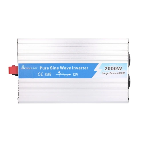 The image shows a silver Extralink Pure Sine Wave Inverter with a power capacity of 2000W and surge power of 4000W. It features a compact design with a red terminal on one side and blue sockets on the other, suitable for 12V systems.