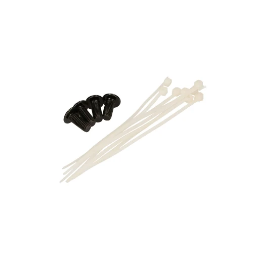 The image shows a set of black screws alongside white cable ties, designed for secure fastening and organization. The screws have a flat head, while the cable ties are long and flexible, suitable for various applications.
