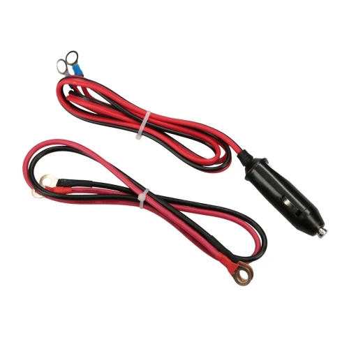 A red and black power cable with ring terminals is paired with a black car cigarette lighter adapter. The cables are neatly coiled and secured with white plastic ties.