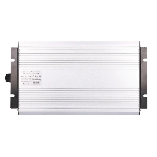 A silver, rectangular metal enclosure with ribbed sides, designed for housing electronic components. It features mounting brackets on both ends and a label with technical specifications on the front.