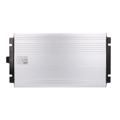 Silver metal enclosure with ribbed texture, designed for housing electronic components. Features mounting brackets on the sides for easy installation.