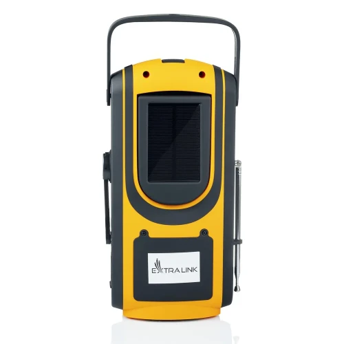 A portable, yellow and black solar-powered device with a handle and an antenna, designed for outdoor use. The front features a solar panel and the Extralink logo.