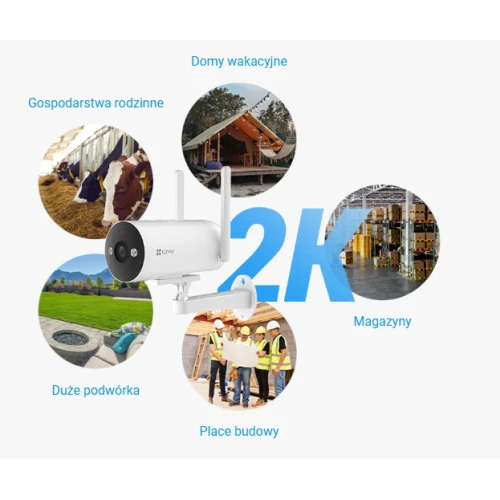 A white EZVIZ H5 4G smart security camera is shown with two antennas, designed for versatile use in various environments such as vacation homes, warehouses, and construction sites. The image highlights its 2K resolution capability, emphasizing its suitability for large yards and family farms.