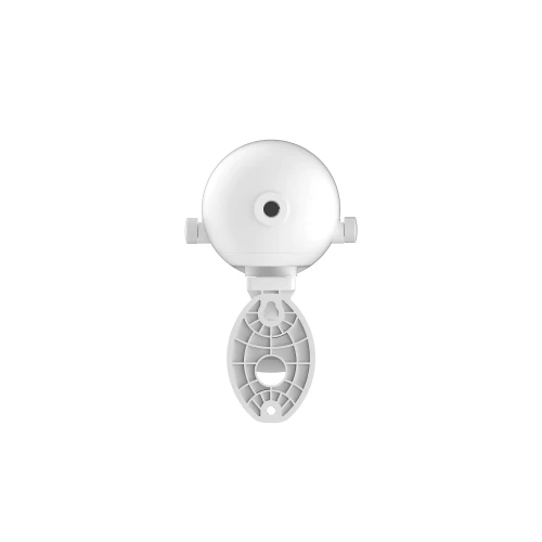 A white, spherical security camera with a sturdy mounting bracket designed for outdoor use. The camera features a minimalist design with a central lens and adjustable arms for optimal positioning.