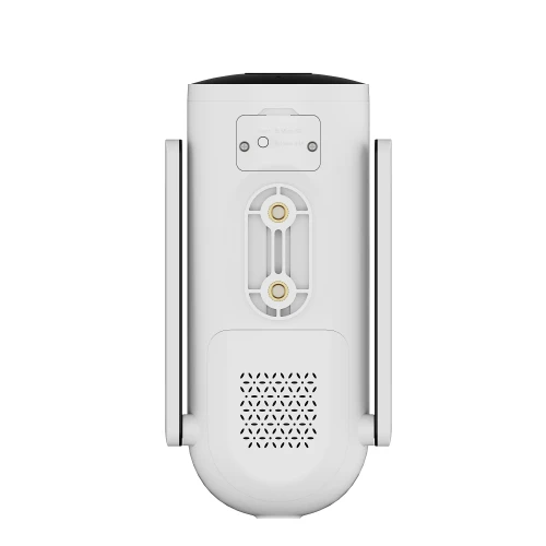 A sleek, white security camera with a cylindrical design features mounting brackets on the sides and a perforated speaker grille at the bottom. The top section includes a slot for a microSD card and a SIM card, enhancing its smart capabilities.