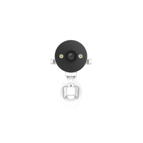 The image shows a sleek, white security camera with a black circular face featuring a central lens and two surrounding lights. It is mounted on an adjustable bracket, designed for versatile positioning.