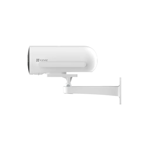 A sleek, white security camera with a cylindrical design is mounted on a sturdy wall bracket. The camera features the EZVIZ logo and is designed for outdoor surveillance.