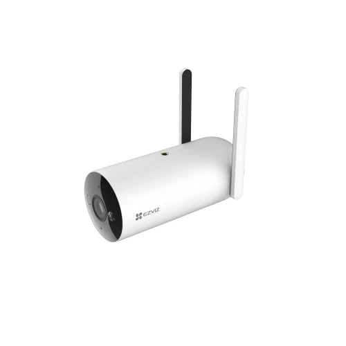 A sleek, white security camera with dual antennas designed for enhanced connectivity. The camera features a cylindrical body with a prominent lens on the front, ideal for outdoor surveillance.