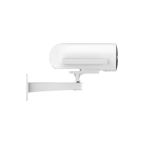 Side view of a sleek, white security camera mounted on a wall bracket, designed for outdoor surveillance. The camera features a streamlined, cylindrical shape with a modern aesthetic.